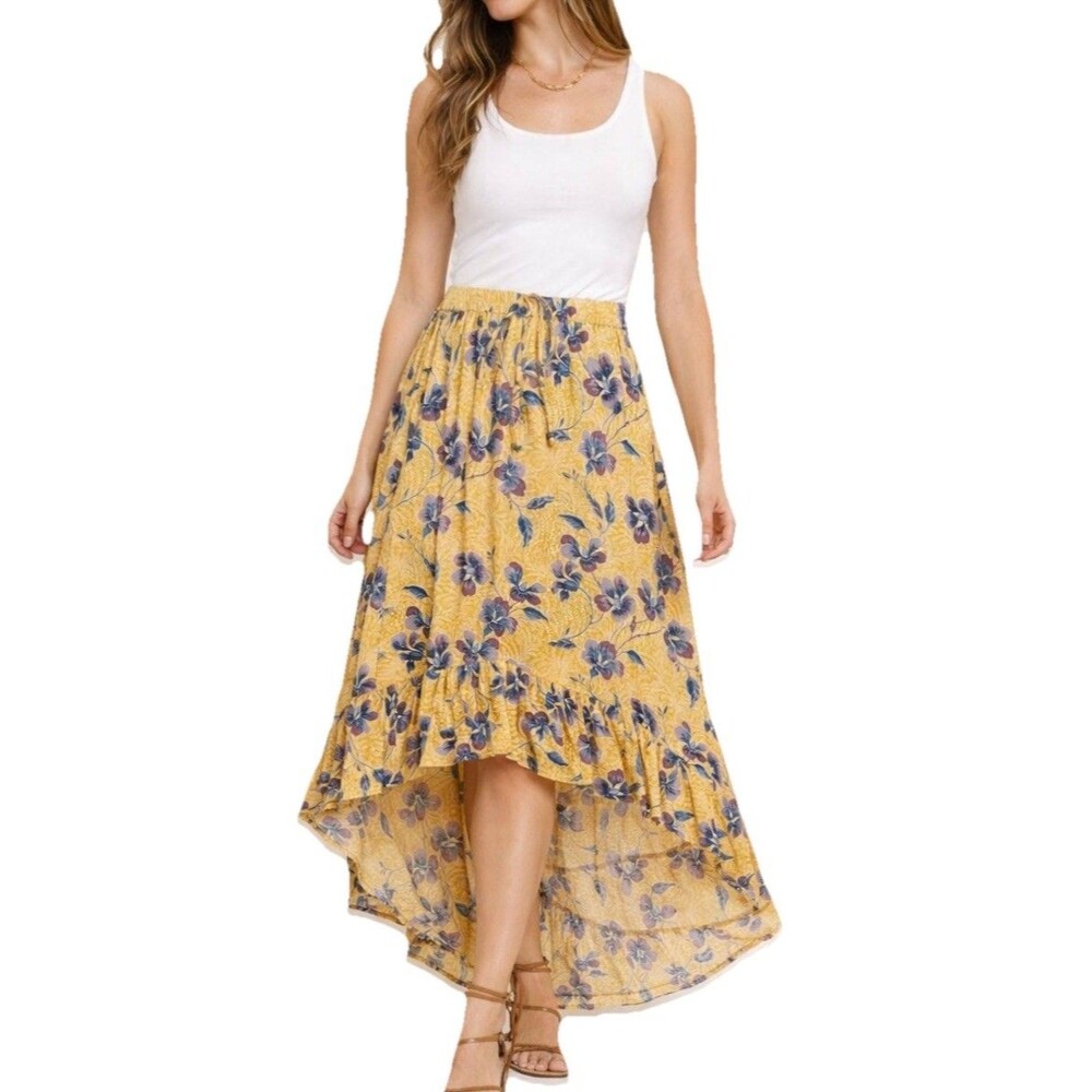 Blue Rain Boho Floral High Low Skirt Yellow Purple Rayon Size M Anthro Style